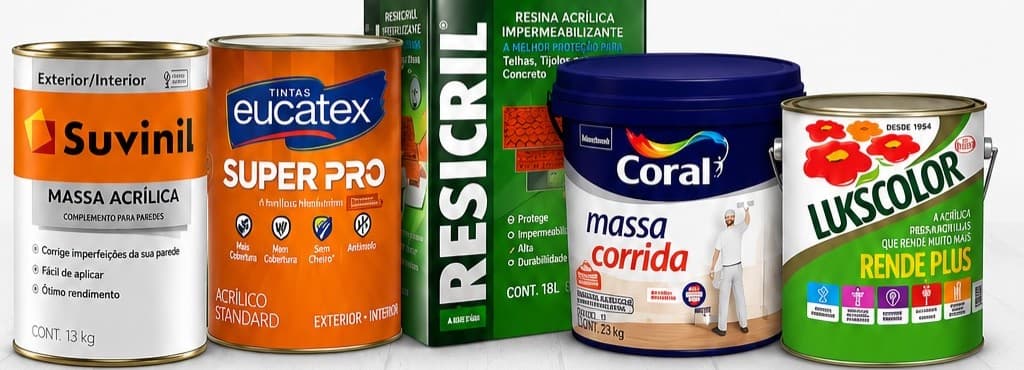 Latas de tinta Suvinil, Eucatex, Coral, Lukscolor e resina Resicril